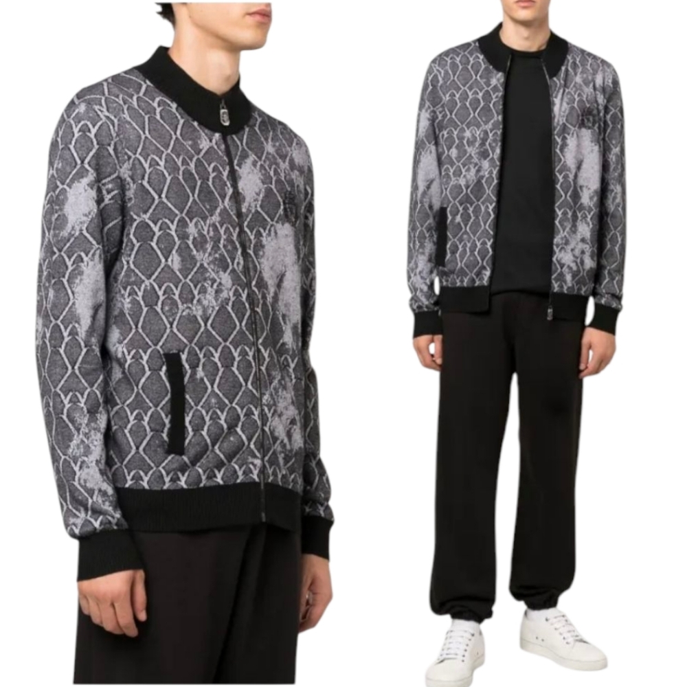 Billionaire Logo-crest Grey And Black Bomber Knit Jacket Size S or XS